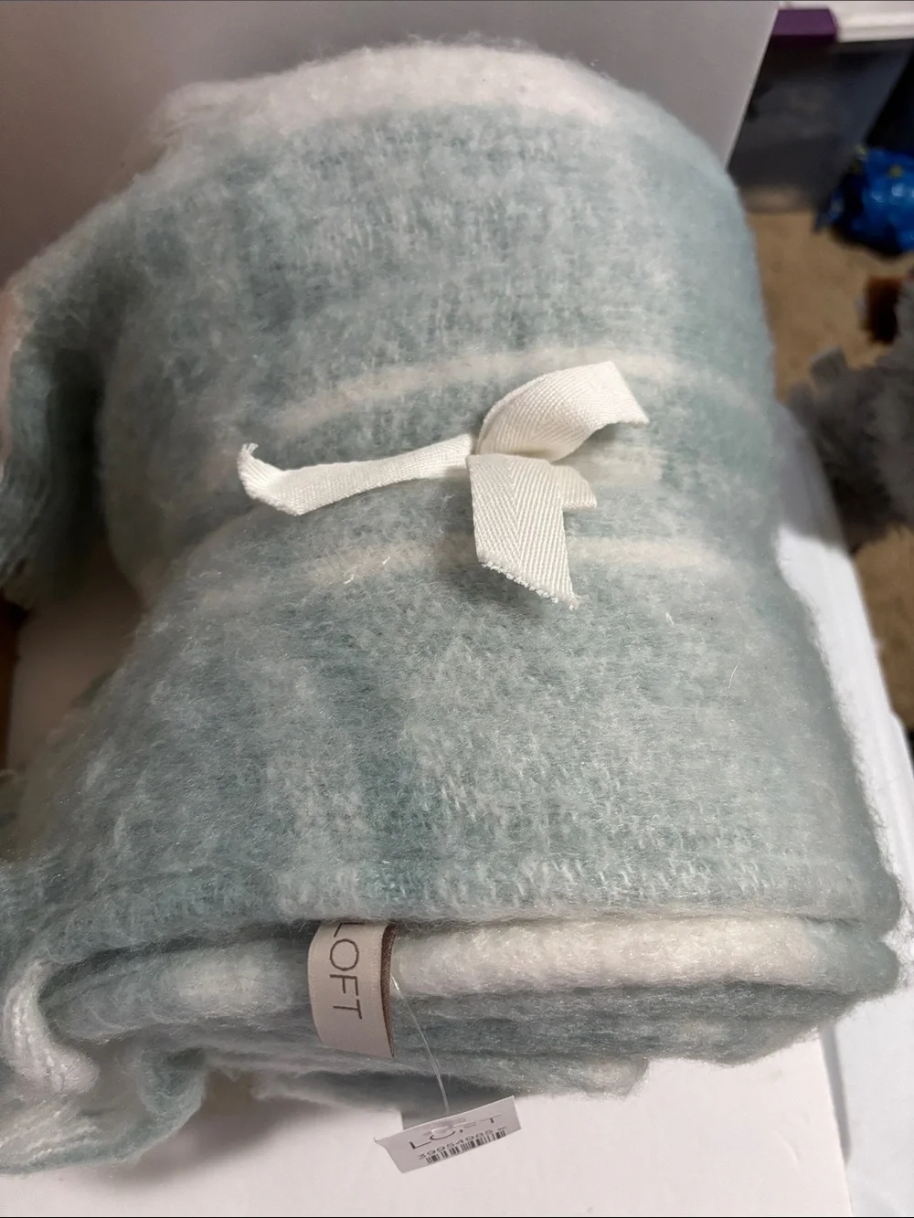LOFT Mint Green and White Fuzzy Throw Blanket New